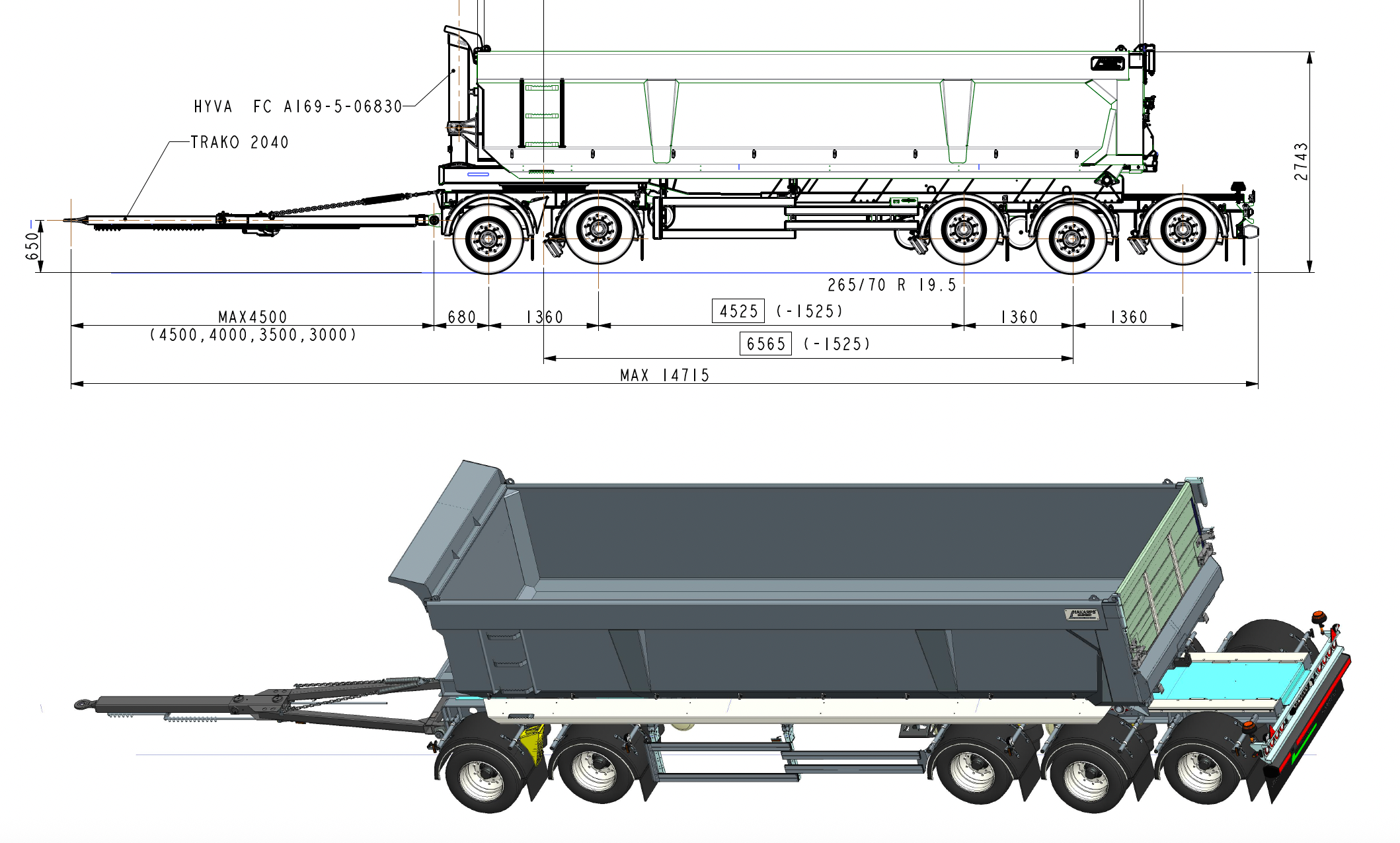 5 axlad 42 tons dumpervagn med låsbar vändkrans + skjutbar boggie